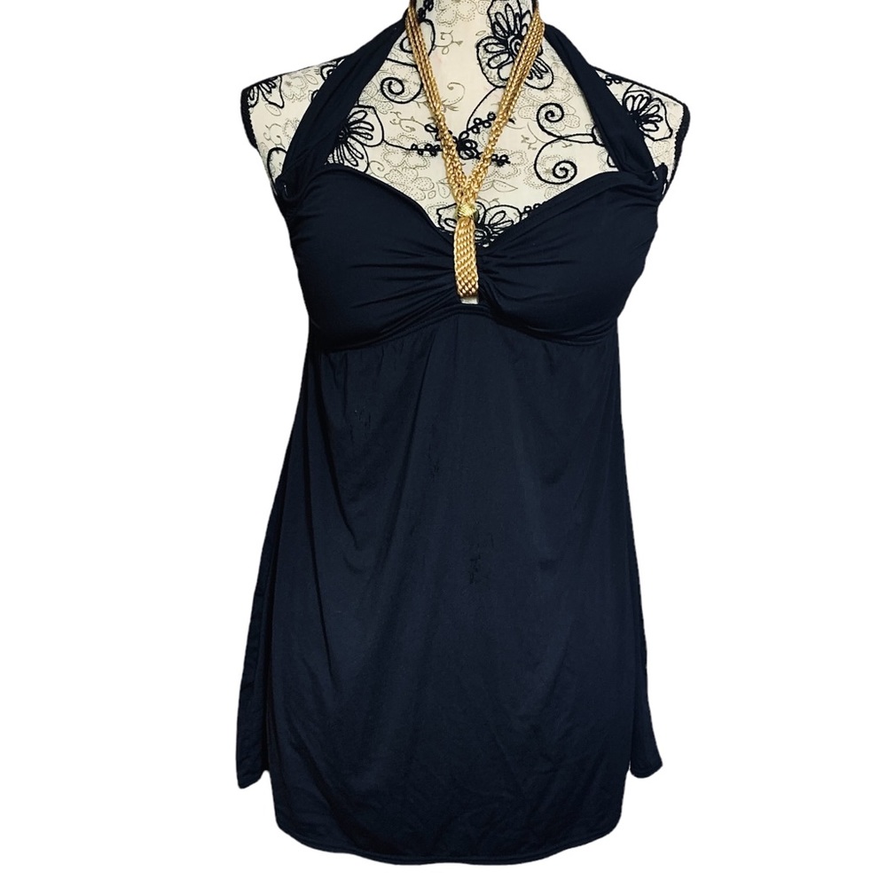 BNWT Carmen Marc Valvo One-Piece Swimsuit in Black with Braided Halter. Size 8.